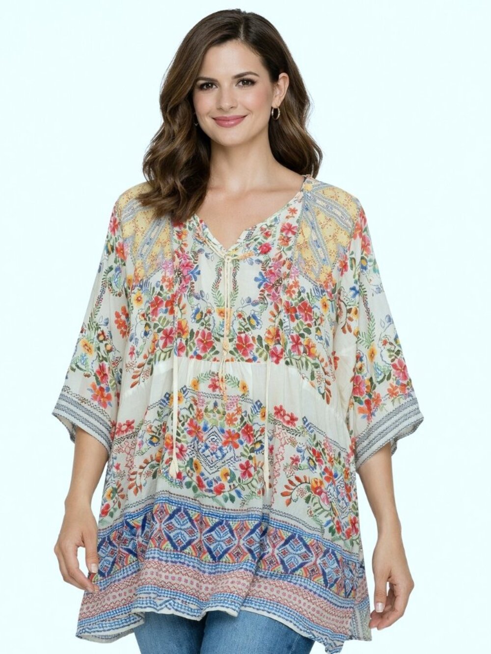 Johnny Was Mariposa Embroidered Peasant Boho Tunic Cupra Rayon Size S